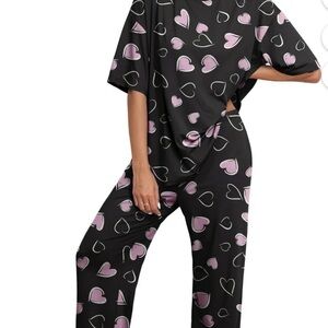 Black Lounge Set with Pink Heart Print